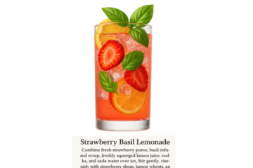 Refreshing Strawberry Basil Lemonade drink isolated on a transparent background