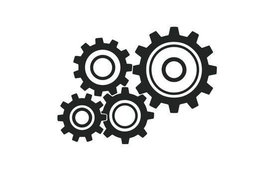 Interlocking Gear Wheels Mechanism Vector Illustration. Industrial Engineering Concept. Black Silhouette Cogs. Mechanical Parts. Teamwork Collaboration Symbol. Transparent Background Design.