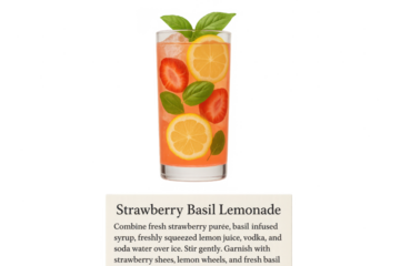 Vibrant Strawberry Basil Lemonade drink with fruit isolated on transparent background