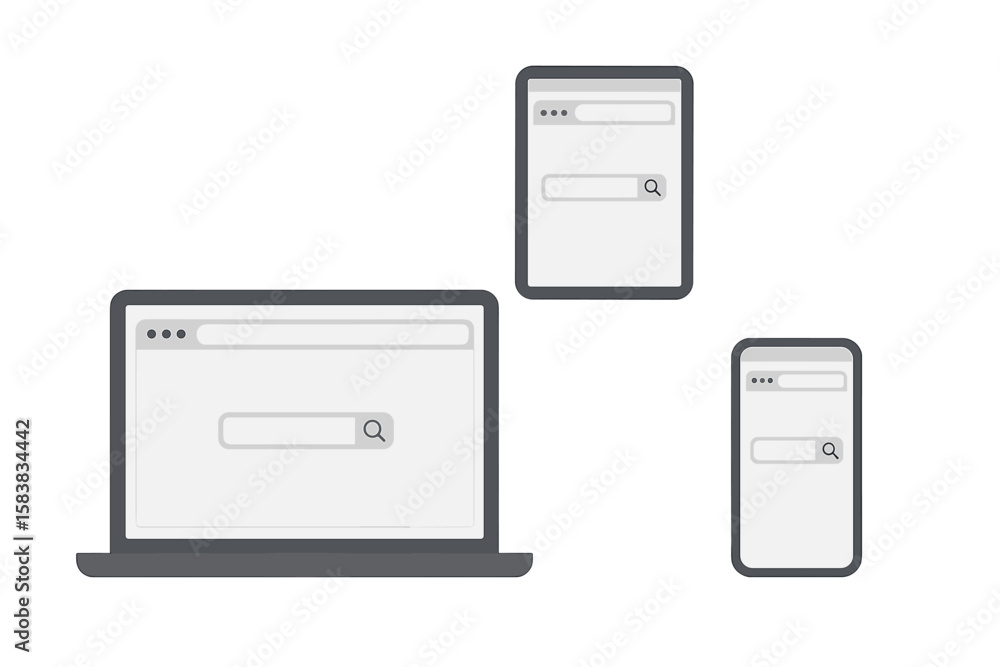Poster browser window mockup on laptop, tablet, and smartphone screen. web page frame for internet search. 