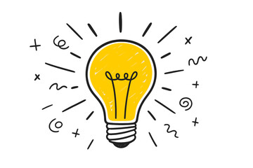 Hand-drawn lightbulb idea concept. Creative doodle sketch illustration. Symbol of innovation, solution, and inspiration. Brainstorming and thinking process vector icon design.