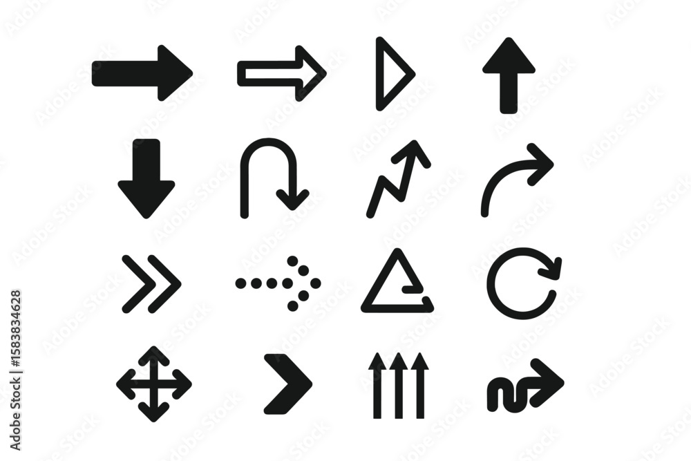 Poster black arrow collection. set of different flat simple icons for web and mobile app. vector symbol of 