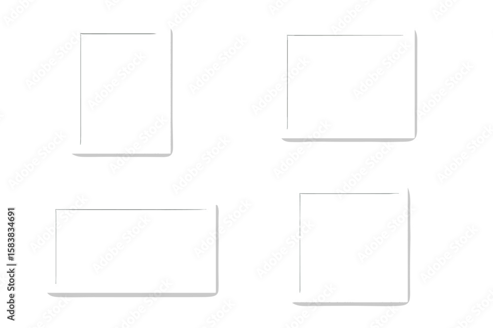Poster set of four minimalist white photo frames with realistic shadows, isolated on transparent background