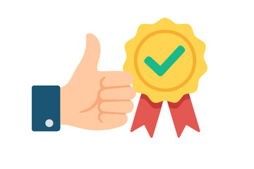 Approval check icon, recommendation for product concept. Hand giving thumb up. Honor badge for high quality. Public support and positive feedback. Certified quality guarantee.