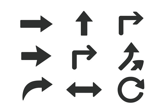 Bold Black Arrow Vector Icons Set. Directional Arrow Symbols, Curved, Straight, Right Angle, Upward, Left, Circular, Navigation, Pointer, Road Sign, Interface, Isolated on Transparent Background