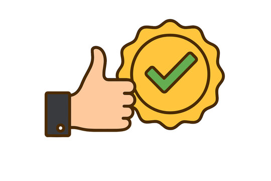 Approval check icon concept. Hand giving thumb up for recommendation or endorsement. Honor badge for high quality product or employee. Public support and positive feedback.