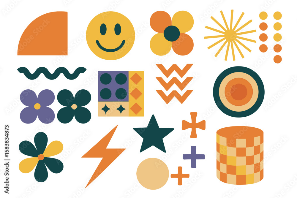Poster big set of retro 70s groovy hippie style vector design elements. abstract contemporary modern trendy