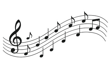 Abstract music notes wave background, group of floating musical symbols, sound melody flow design, isolated vector illustration for stock, transparent and editable graphic element