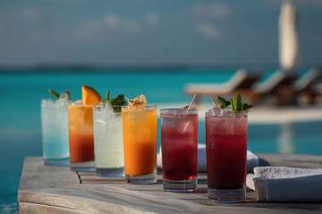 vibrant display of top  famous cocktails and refreshing mocktails for kids beautifully arranged by pool and near