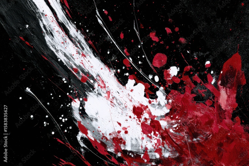 Poster dynamic abstract composition featuring bold splashes of red and white on a deep black background, ca