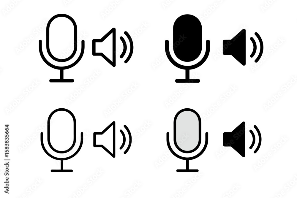 Aufkleber microphone and speaker icon collection in multiple styles – vector outline, solid, and transparent a