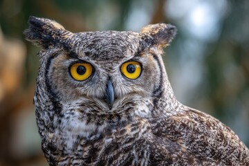 Obraz premium Majestic close up portrait of a great horned owl showcasing striking yellow eyes and intricate feather patterns in natural habitat during daylight