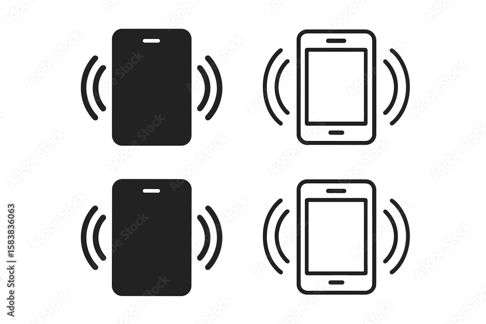 Poster phone vibration icon set with mobile ringtone symbols. smartphone call alert signs in solid and line