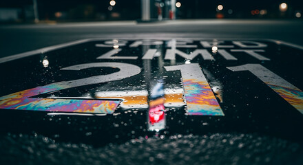 The interplay of light and water on a speed limit sign at night creating an intriguing visual effect