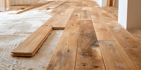 Rustic oak wooden floor panels laid on sanded surface in home renovation project