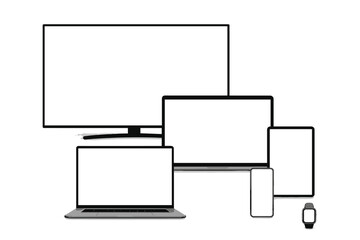 Realistic technology device mockup collection with empty screens, including TV, computer, laptop, tablet, smartphone, and smartwatch set for digital display design showcase