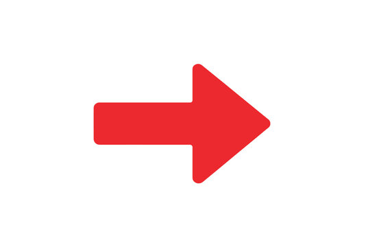 Red arrow pointing right. Simple flat icon for web and app design. Navigation and direction symbol. Next, forward, and continue button. Vector graphic isolated on white.