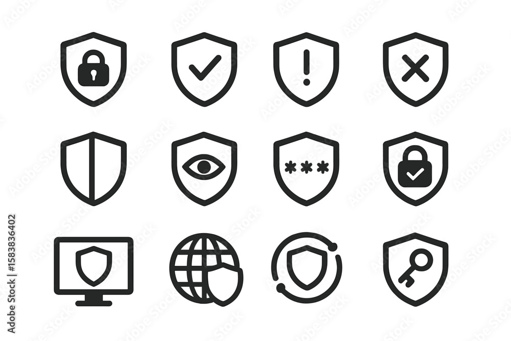 Fototapete security icon set. cyber safety and data protection symbols. vector shield, lock, password, and comp