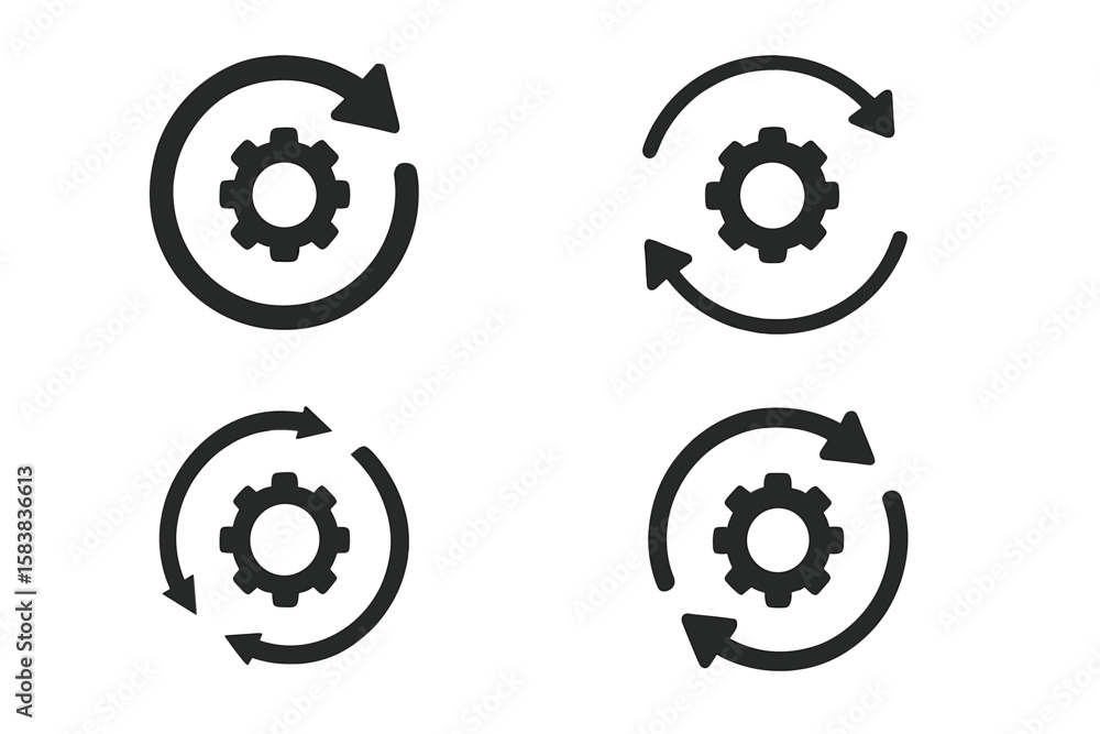 Aufkleber sync process icon set. reload and update symbols. circle arrow with gear wheel for data synchronizat