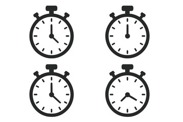 Timer clock and stopwatch icon set showing different times. Simple flat vector chronometer illustration. Concept of timekeeping, deadline, countdown, speed, measurement, sport.