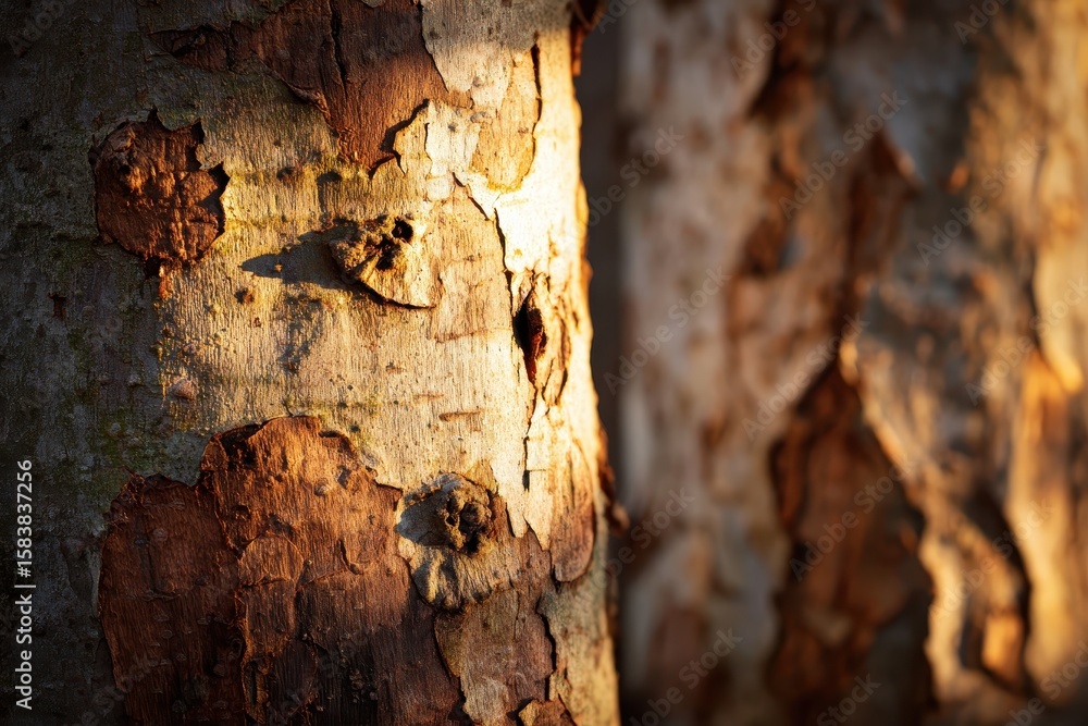 Aufkleber close up of a textured tree trunk illuminated by sunlight, showcasing diverse bark patterns and colo