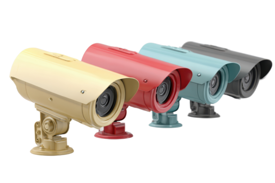 Row of four different colored security cameras. isolated-3d-on-transparent-background