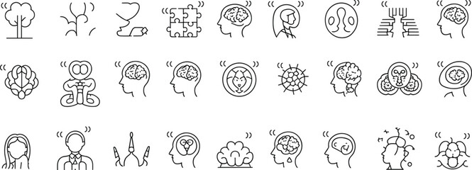 Mental Health, Psychology, and Brain Function Vector Icons: Human Mind, Thoughts, Cognitive Processes, Therapy, and Emotional Wellness Outline Collection