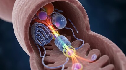 Colorful beams of light are emanating from a central cylindrical structure within a cell, illuminating surrounding organelles and suggesting a dynamic energy transfer process