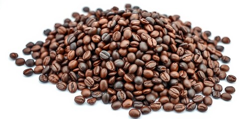 Fototapeta premium Dark brown roasted coffee beans in a high pile on a pristine white background, aroma, arabica