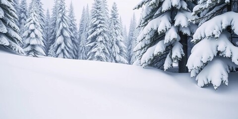 Deep snowdrifts bury the base of snow-laden fir trees in a pristine winter landscape,  design,  holiday