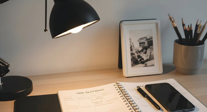 Time Blocking Schedule On A Desk With Lamp And Photo Frame Lifestyle Still Life