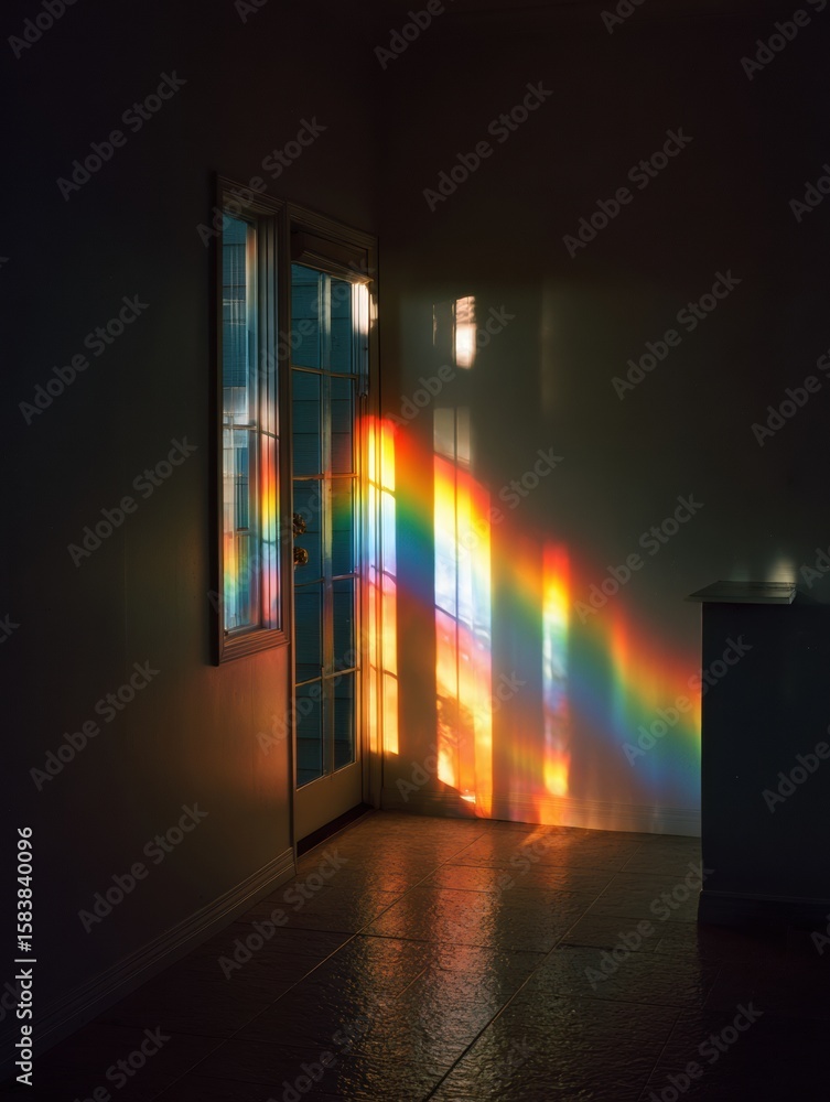 Poster rainbow light streams through a window, creating a serene atmosphere in a calm interior space during
