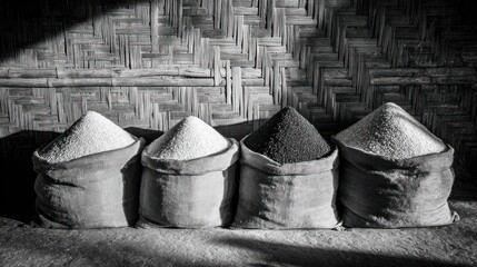Four sacks of rice in grayscale