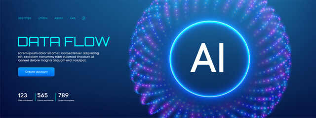 Abstract AI Data Background with Tech Pattern and Digital Line Network Flow. Futuristic 3D Vector Design for Business Concept or Big Data Analytics. Neural Geometric System with Cyber Speed Global.