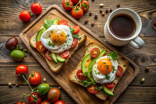 Delicious breakfast toasts with fried eggs avocado and tomatoes on wooden board