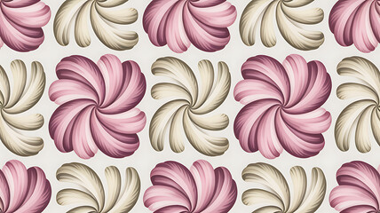 Seamless floral pattern with swirling pink and beige petals on a light background
