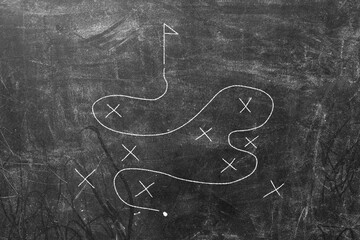 Soccer, football tactics isolated on black blackboard, chalkboard texture 