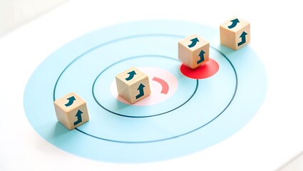 Strategic Business Growth Arrow Dice Positioning for Targeted Success, Indicating Directional Paths on a Round Goal, Aiding Decision Making  