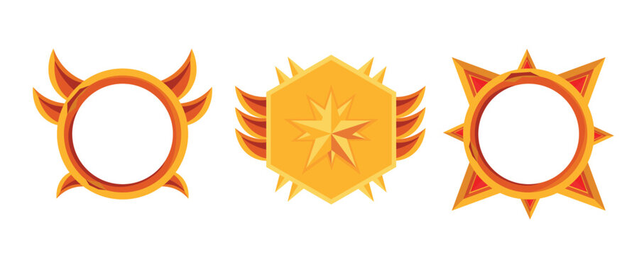 Set of golden gaming icons in cartoon style. Vector illustration of emblems: round, hexagonal, with wings, rays, star, precious stones isolated on white background. Award medals. Game rating.