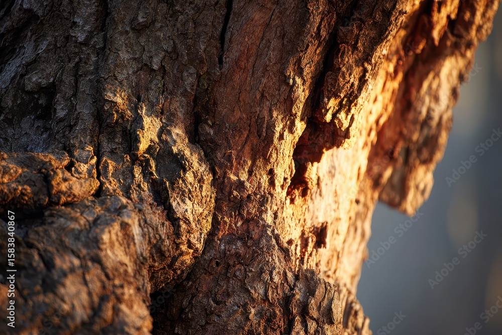 Poster textured bark reveals intricate patterns and warm hues in close-up with soft natural light highlight