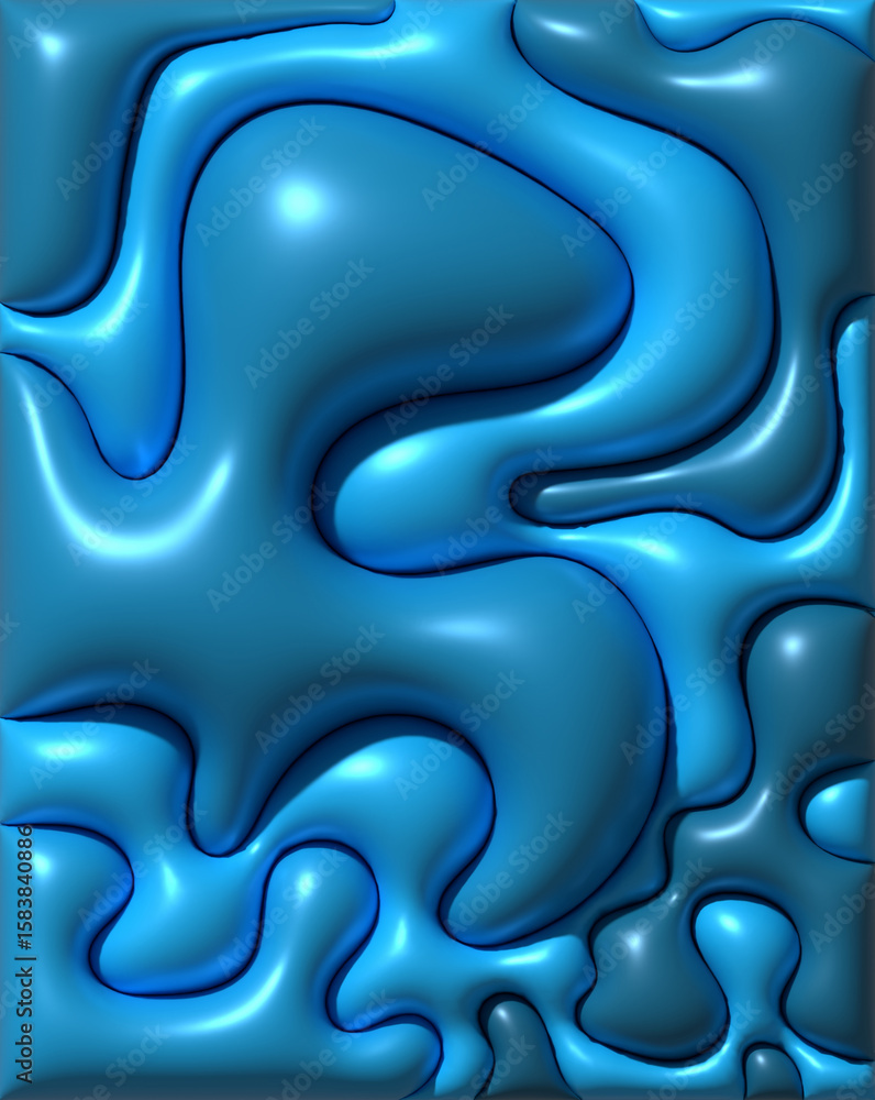 Poster abstract background with voluminous, curved shapes in blue creating an organic pattern. 3d rendering