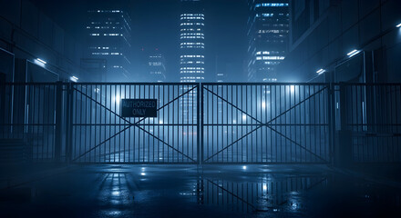 Urban Security At Night With An Iron Gate And Modern Cityscape View