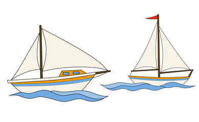 Naklejka premium Sailing yachts floats on waves. Side view. Small ships for recreation and travel. Hand drawing isolated on white background. Vector.