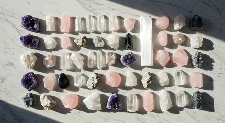 Crystals: A curated arrangement of varied crystals, including amethyst, rose quartz, and selenite, arranged neatly on a surface, emphasizing their natural beauty. 