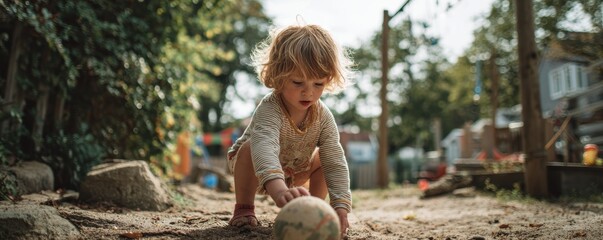 Curly-haired caucasian toddler playing outdoors with ball on sunny day