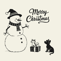 Black and white flat vector illustration of a snowman in a hat and scarf with a gift and "Merry Christmas" lettering. Festive holiday design with cheerful winter mood.