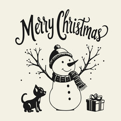 Black and white flat vector illustration of a snowman in a hat and scarf with a gift and "Merry Christmas" lettering. Festive holiday design with cheerful winter mood.