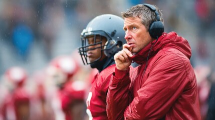 Thoughtful male coach and player during rainy football game