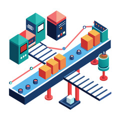 Obraz premium Isometric illustration of a conveyor system with data control panels and transport boxes