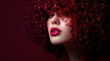 Portrait of a young caucasian female with curly red hair and bold makeup